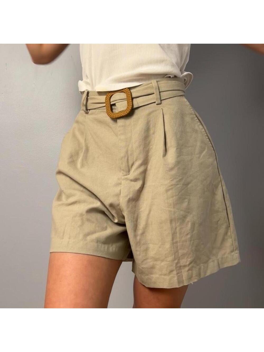 belted linen high waist summer shorts